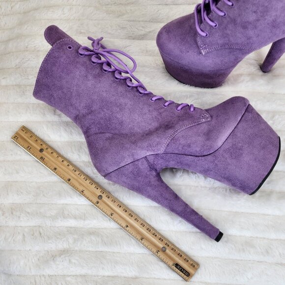 Lavender Lilac Purple Faux Suede Platform 7" Heel Lace Up Ankle Boots - Picture 10 of 12
